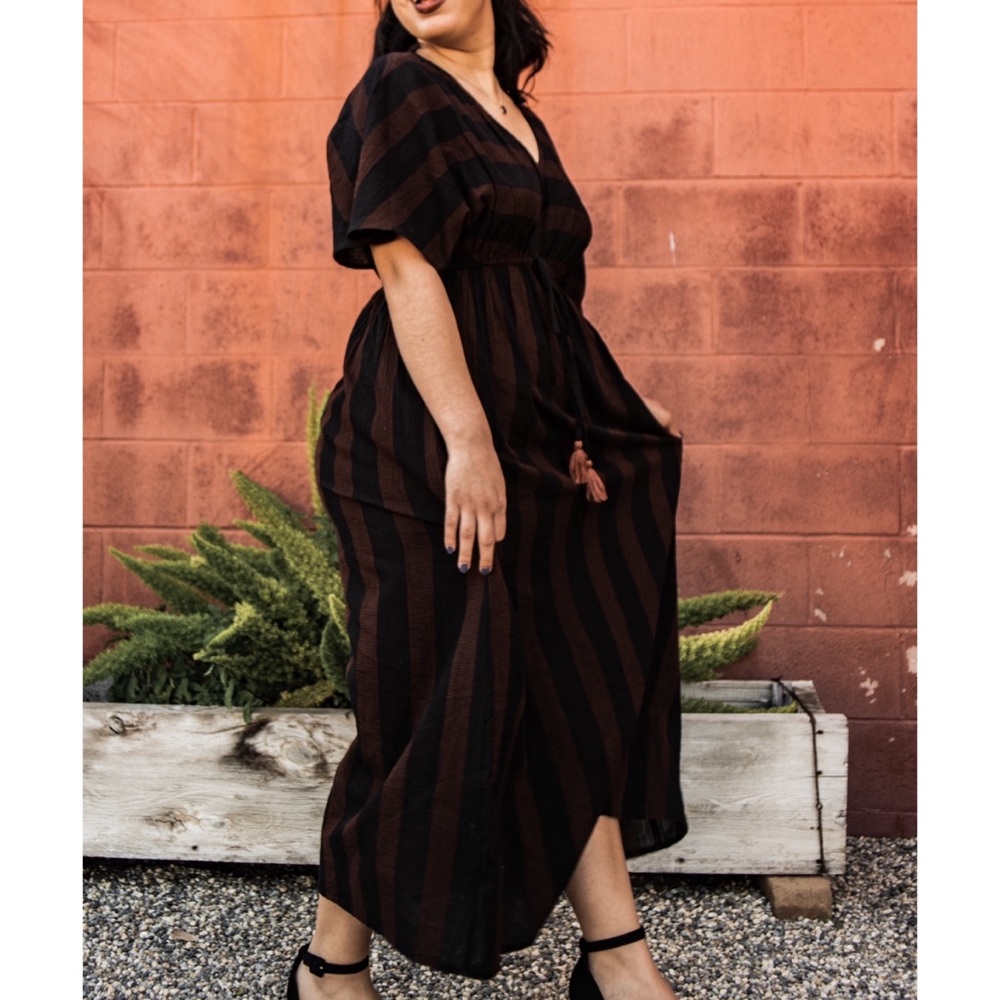 Cost Plus World Market Black and Brown Striped Dress Small / Medium